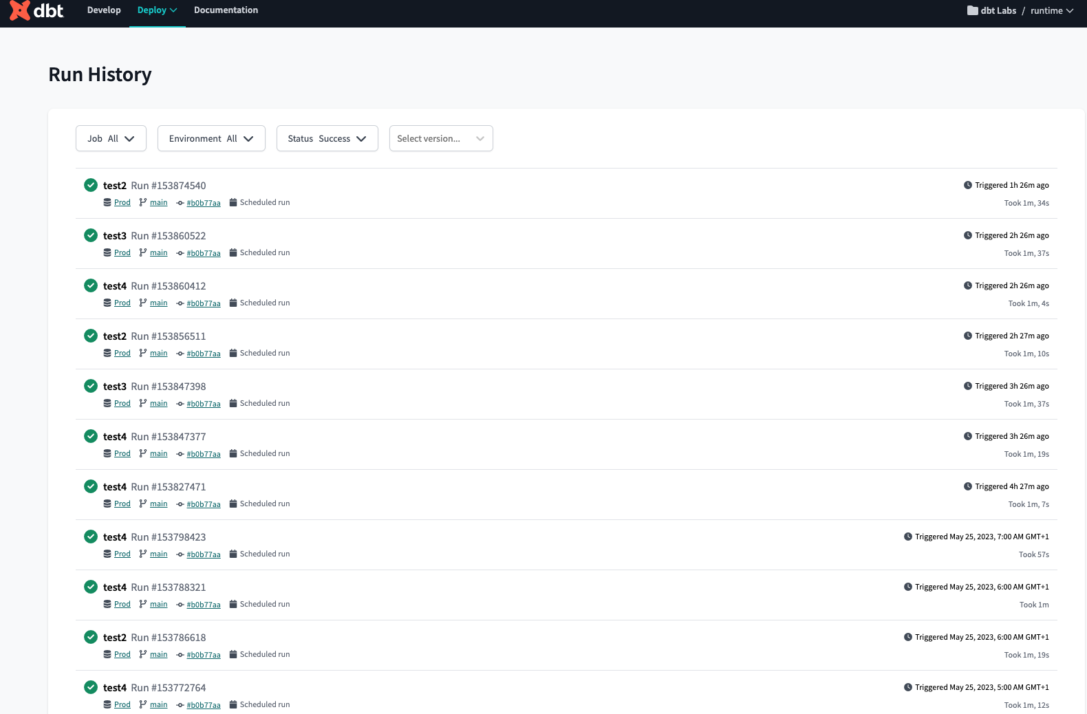 Run history dashboard allows you to monitor the health of your dbt project and displays jobs, job status, environment, timing, and more.